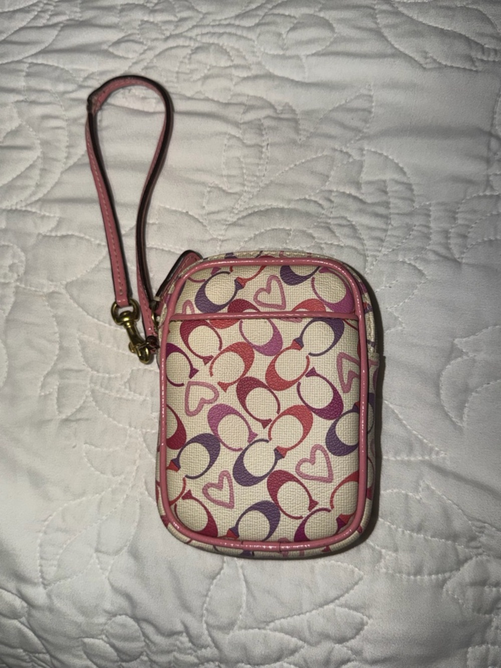 Coach Pink Heart Print Wristlet Phone Pouch Y2K